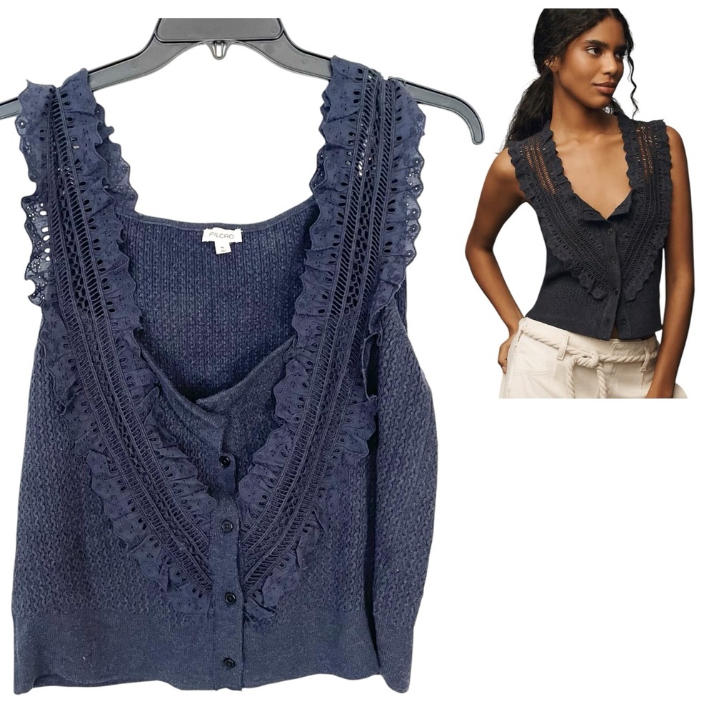Anthropologie Navy Lace Trim Top